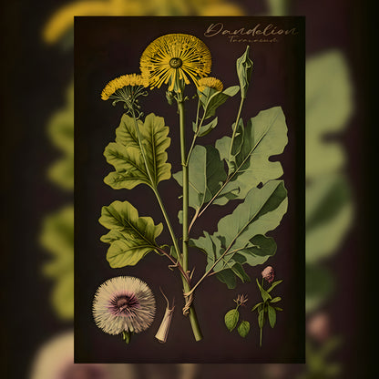 Dark Dandelion Canvas Print - Herbal Art for Home or Office - Apothecary Decor