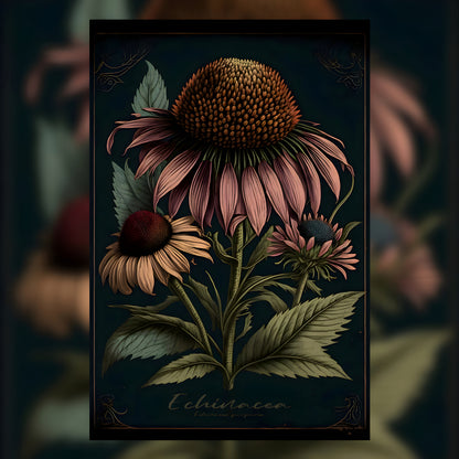 Dark Echinacea Canvas Print - Herbal Art for Home or Office - Apothecary Decor